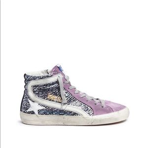 Authentic Golden Goose Purple Suede Star High Tops Slides Silver Glitter